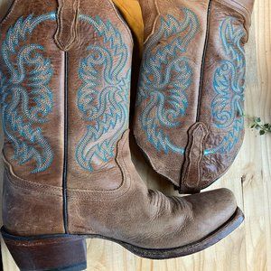 Nocona Western Tan Leather Boots Distressed Square Toe 6B